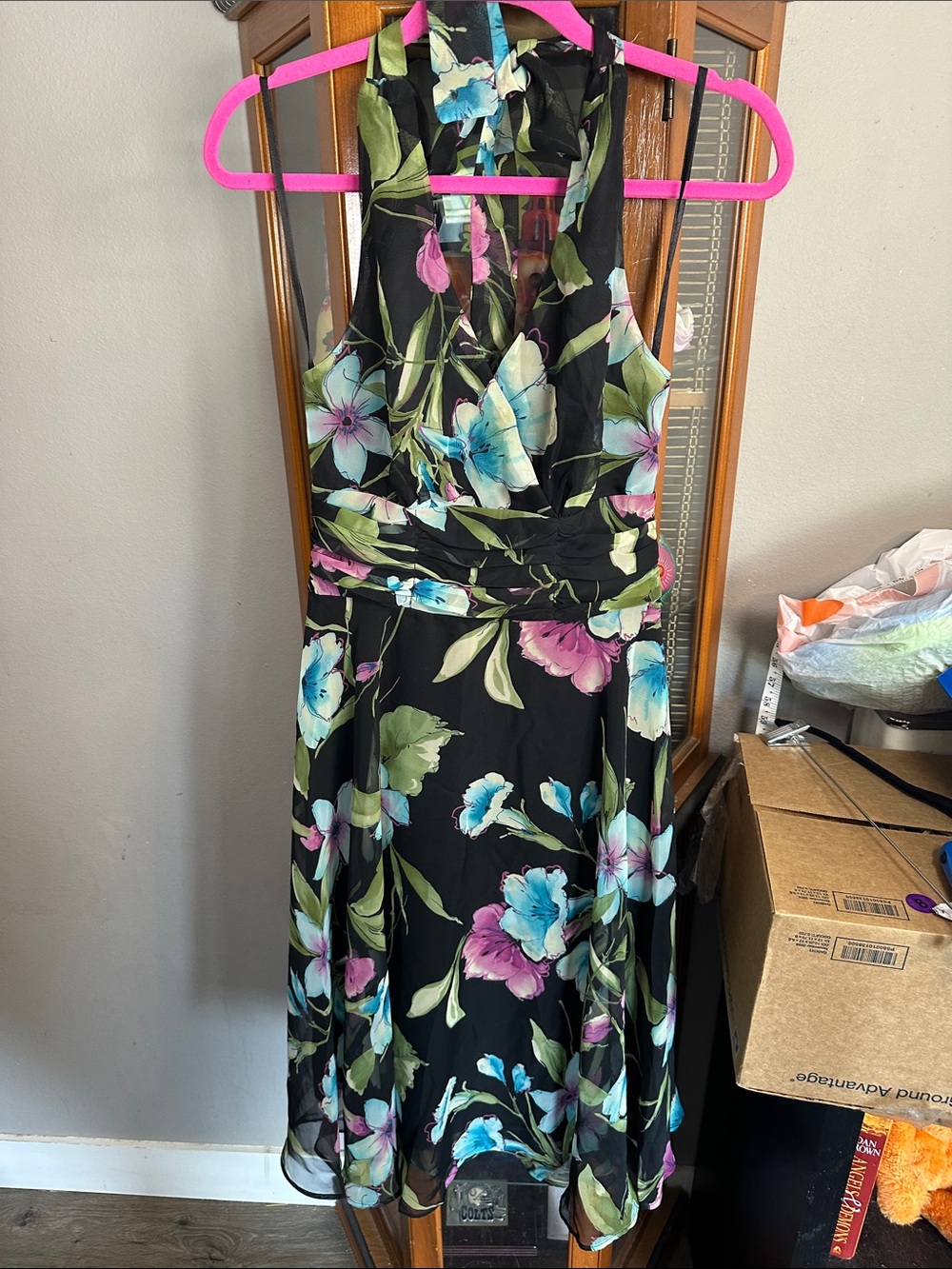 connected apparel Black Floral Halter Midi Dress with Blue, Pink & Green Blooms